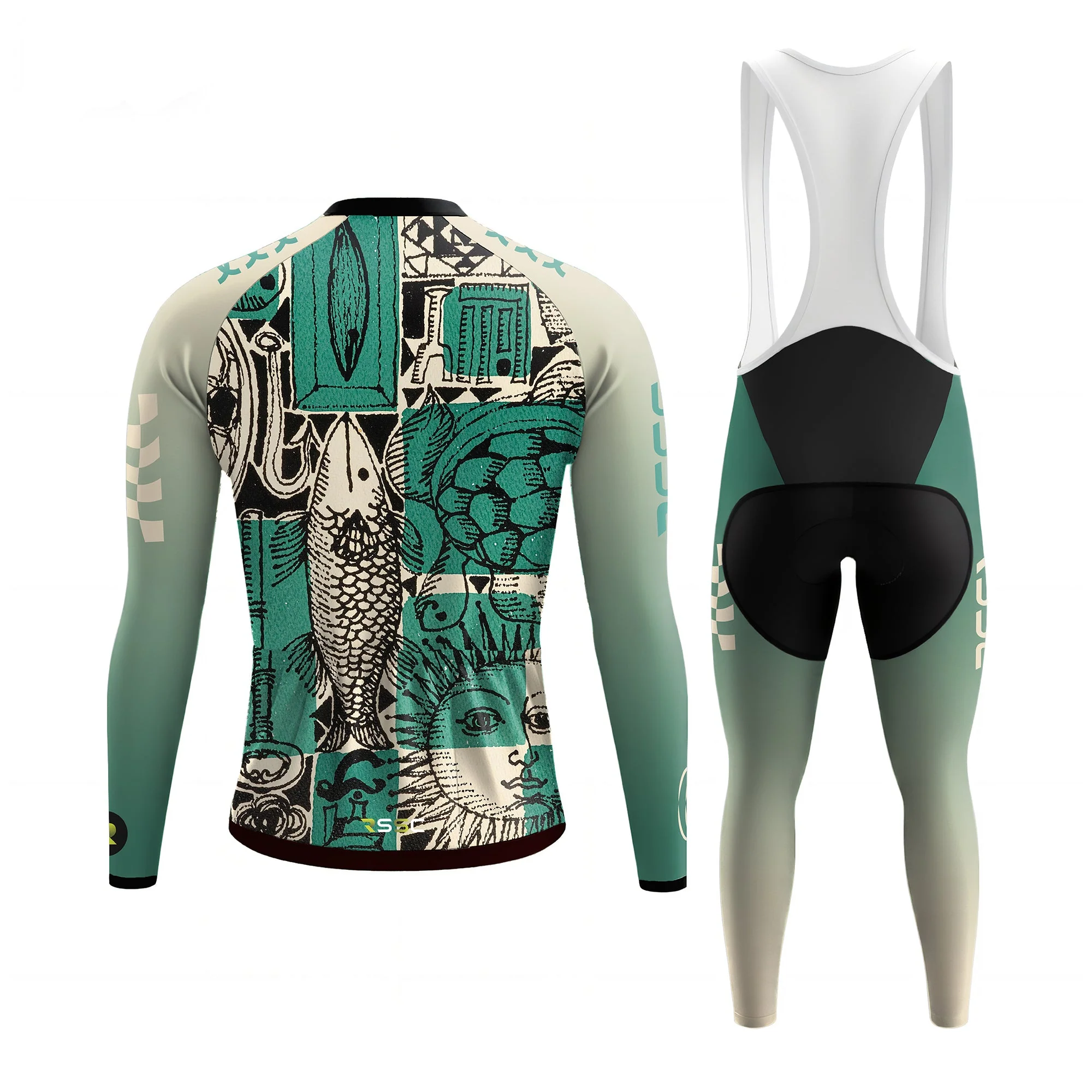 Celadon Sun-Fish Vintage Men's Long Sleeve Cycling Kit - Image 2