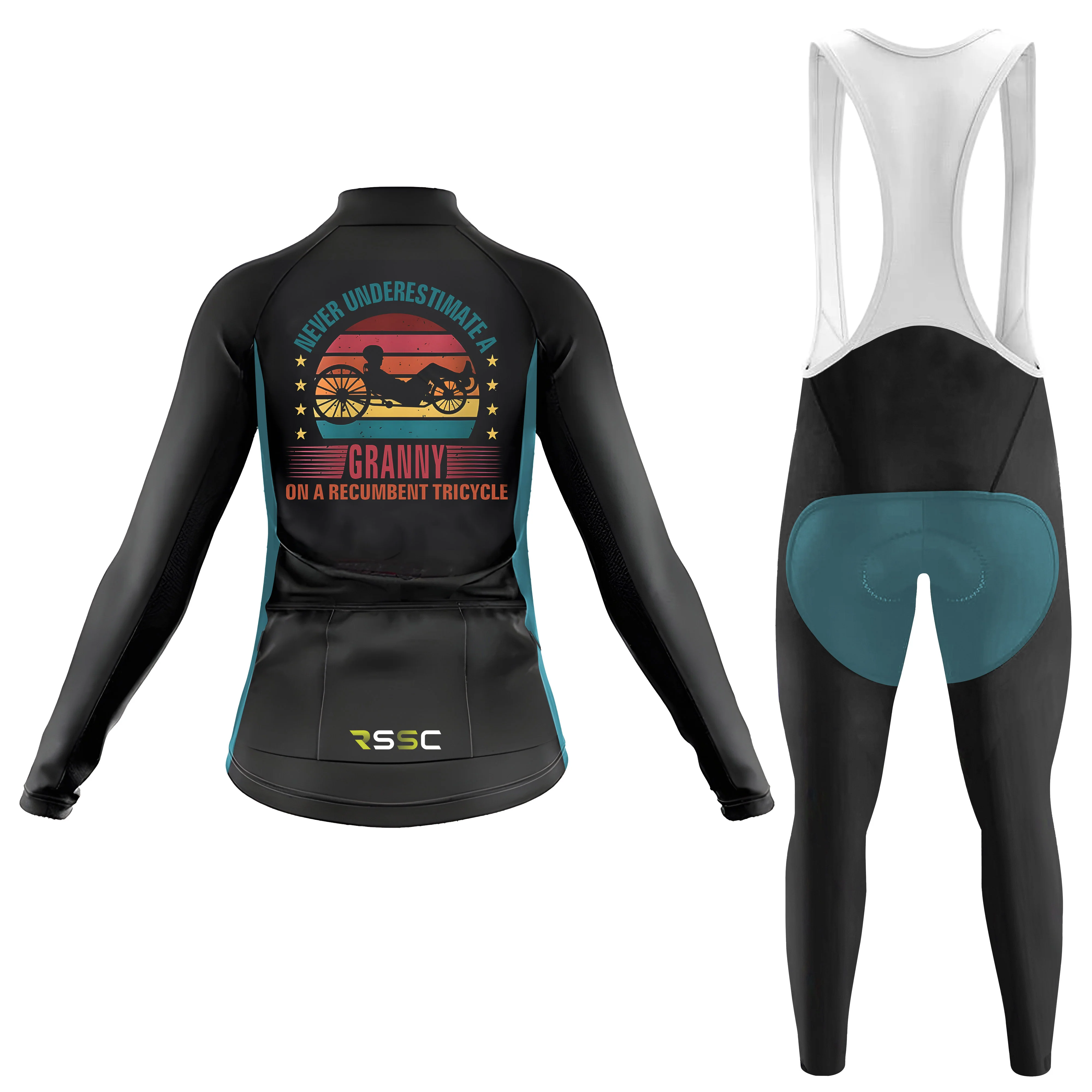 Never Underestimate A Granny On A Recumbent Tricycle Women's Long Sleeve Cycling Kit - Image 2