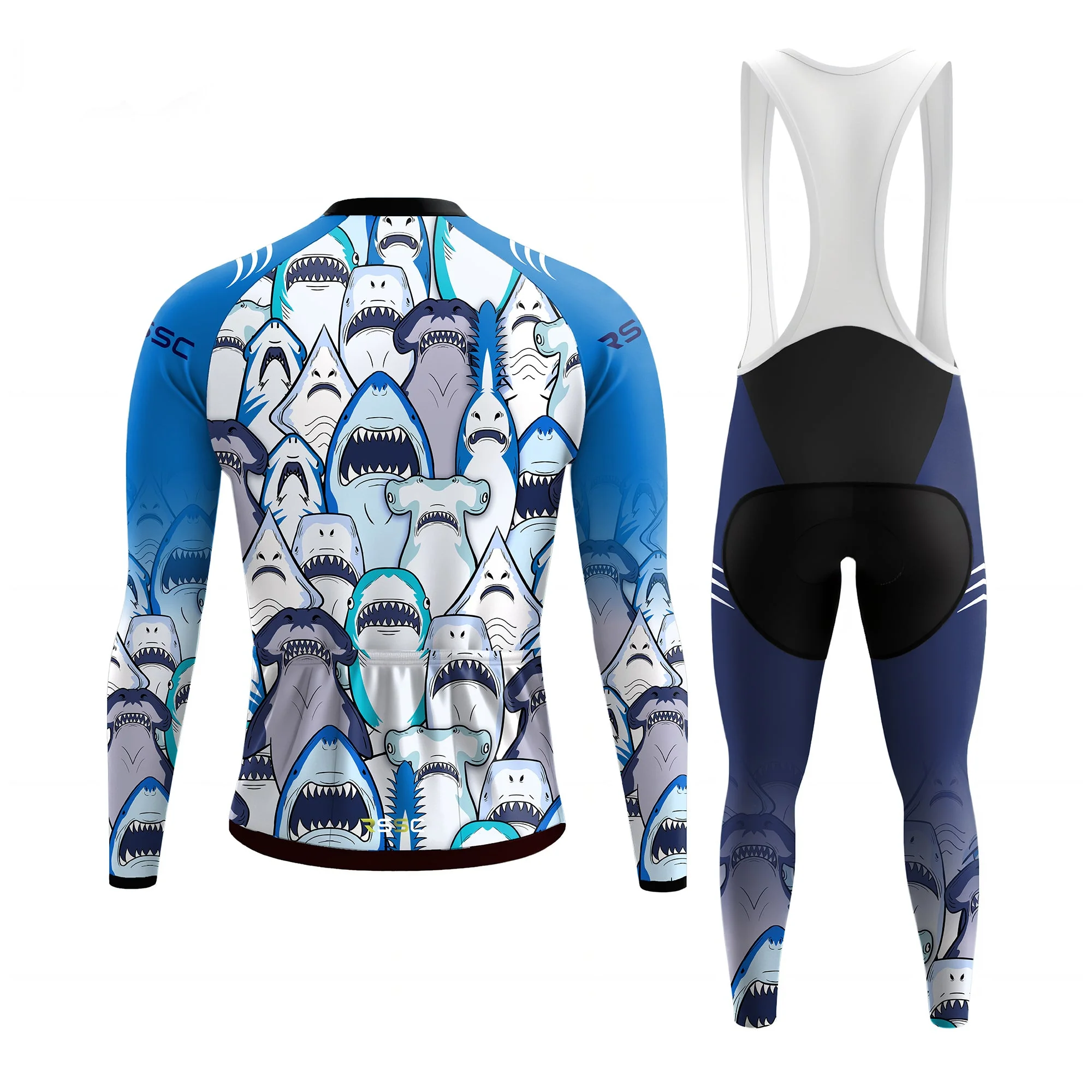 Shark Swarm Blue Men's Long Sleeve Cycling Kit - Image 2